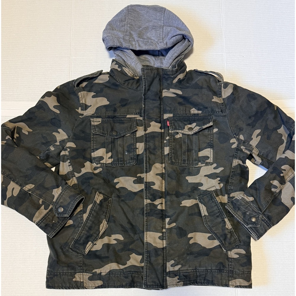 LEVI'S - Men's Camo Field Jacket - Green Sherpa Lined Hooded Coat - Large